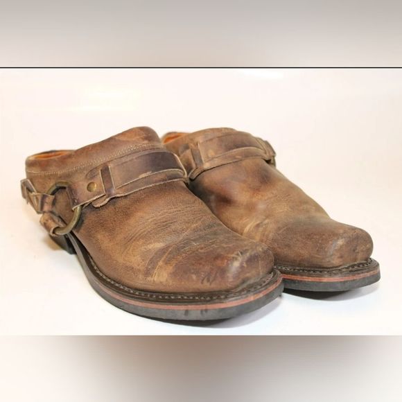 Sale Frye USA Made Womens 8m distressed Leather Belted Harness Western Mules - Picture 6 of 10